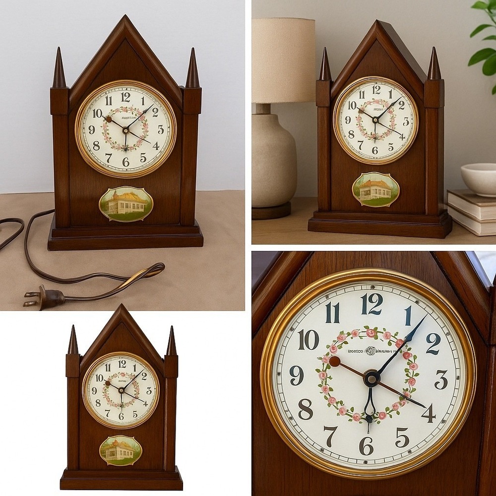 General Electric Vtg 4H60 Cathedral Mantel Clock Floral Dial, Wood Case,‎ Works